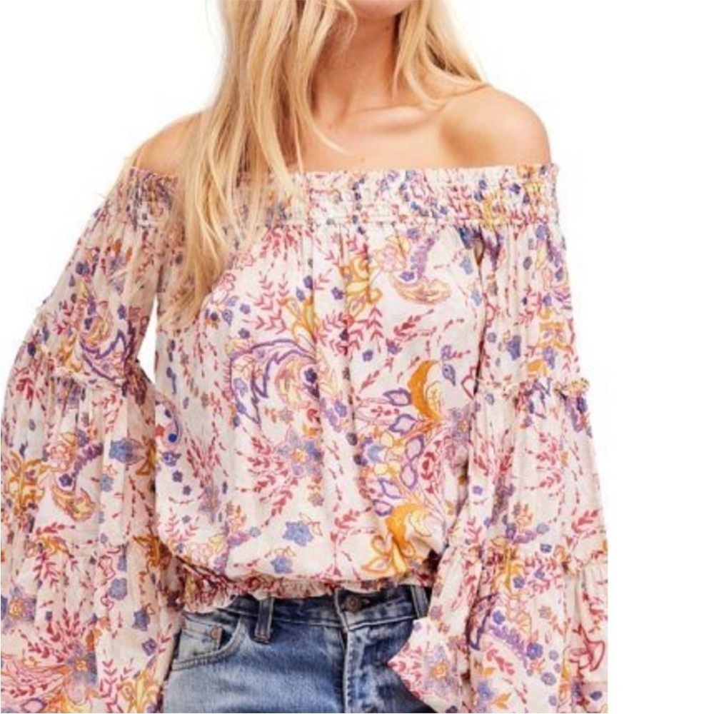 Free People Womens Free Spirit Off The Shoulder Blouse S Pink Bell Sleeve Floral